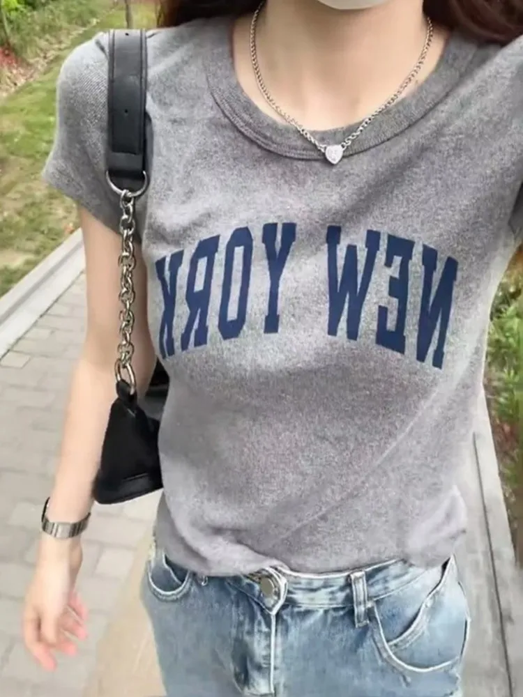 Casual Women Cotton Grey Tees 2023 Summer Fashion Ladies Casual O Neck Short Sleeves Female Letter Printed Tops