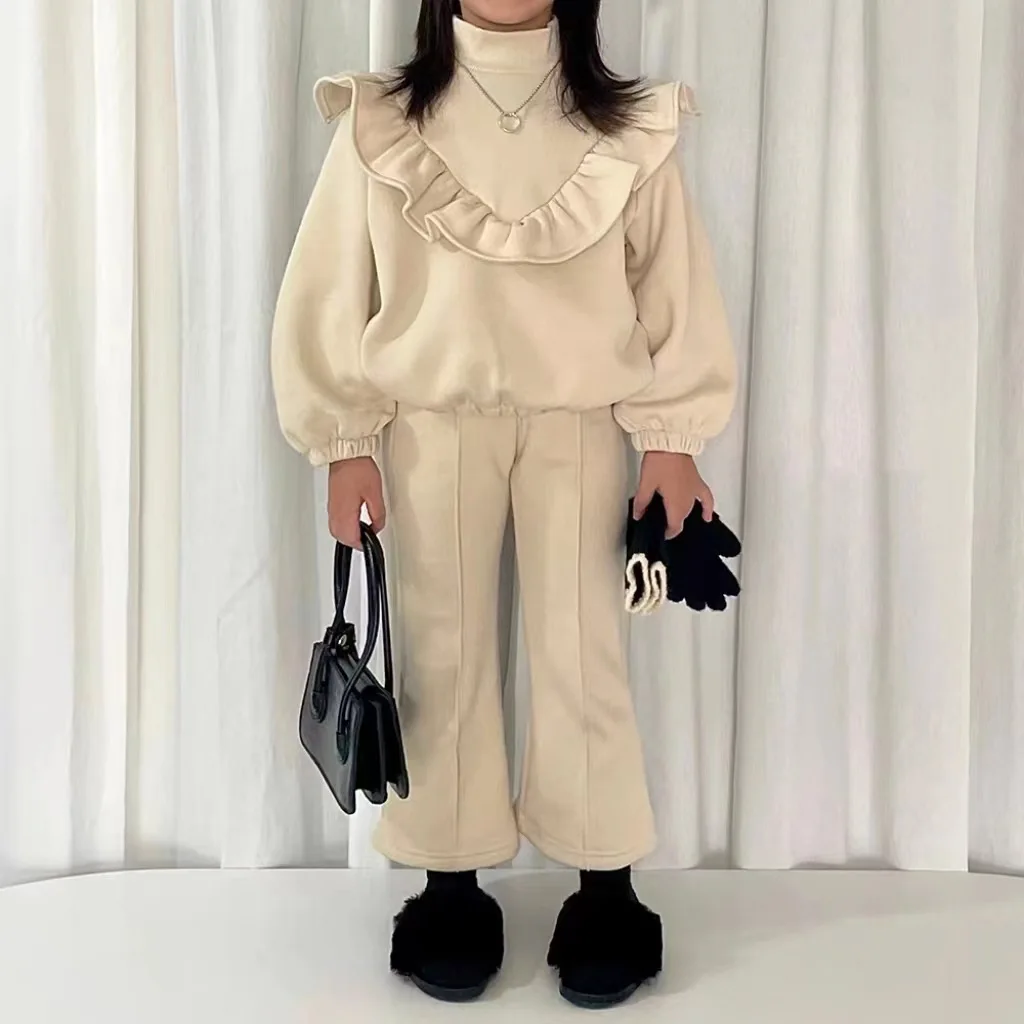 2024 Autumn and Winter Girl Baby Cotton Soft Lotus Leaf Edge Round Neck Top Casual Flare Pants Two Piece Set