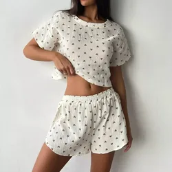 Thin Love Printed Crepe Yarn Pure Cotton Pajamas Women's Short-sleeved Slit Shorts