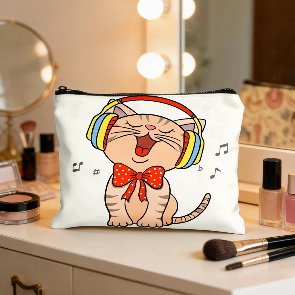 Cute Cat With Headphones Singing Makeup Bags for Girls Cosmetic Pouch Toiletry Bag Pencil Case Travel Storage