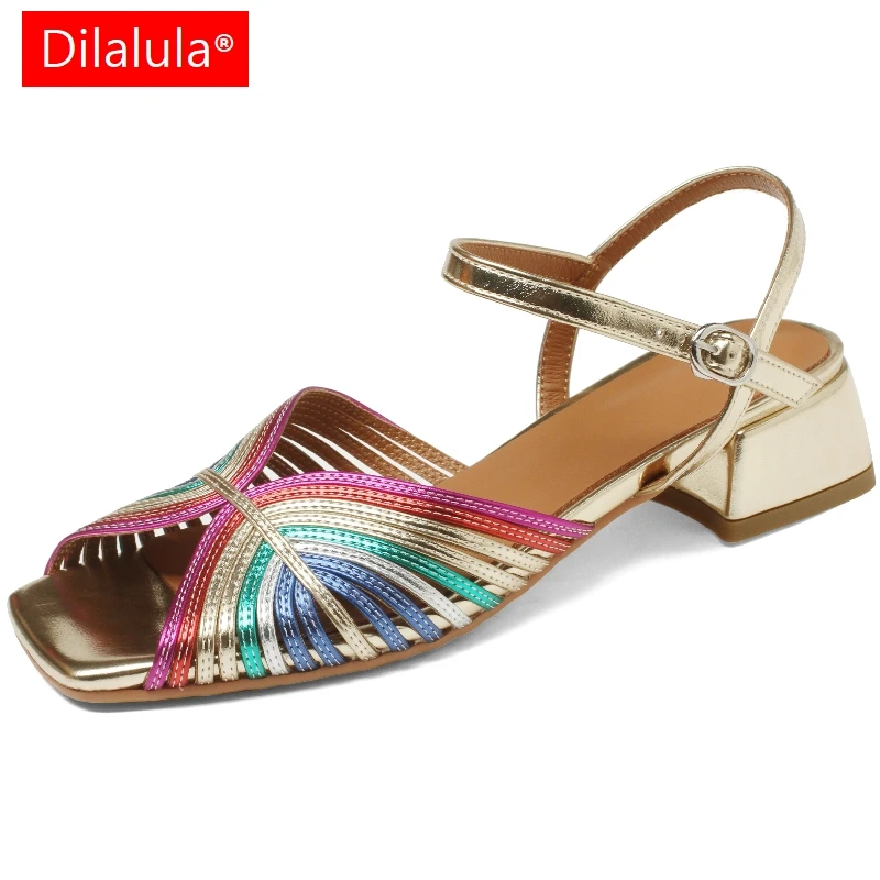 Dilalula 2025 French Style Genuine Leather Multi Color Narrow Band Sandals Women Med Heels Ladies Summer Dress Sandals Party
