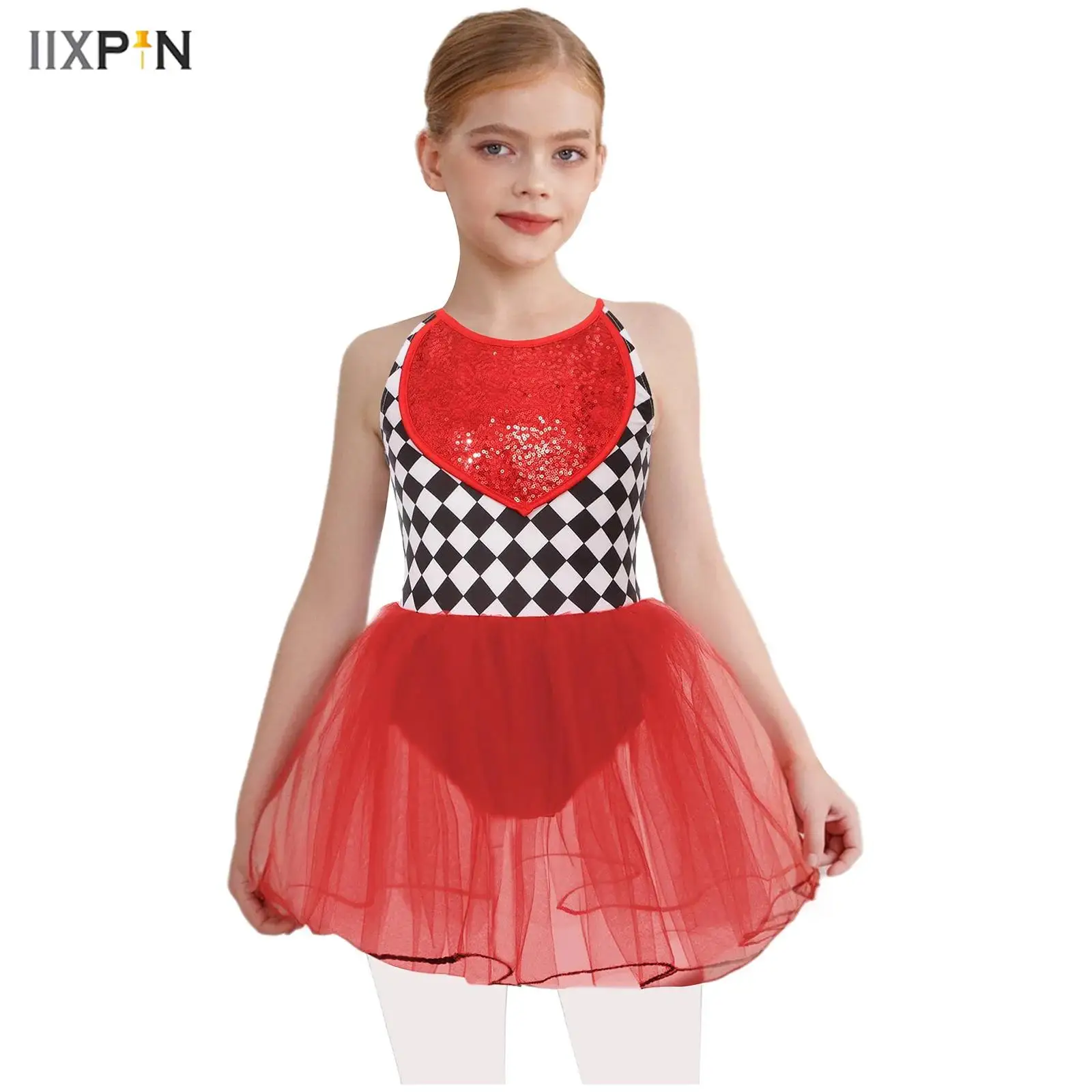

Girls Movie Character Clown Cosplay Costume Cami Dress Sequins Checkerboard Tutu Dress Halloween Role Play Dress Up Costume