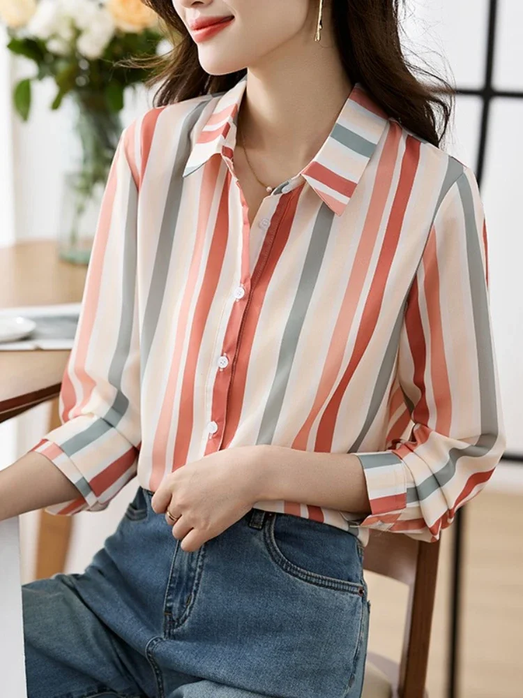 New Long Sleeve Turn Down Collar Women Blouses 2025 Women Striped Shirt Autumn Casual Women's Long Sleeves Color Blocking Tops