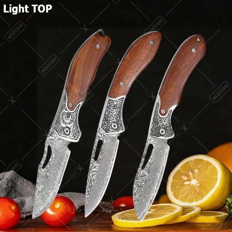WXCOO Folding Knife Damascus Pattern Durable Pocket Knife Kitchen Accessories Fruit Vegetable Kitchen Meat Cleaver Fruit Knife