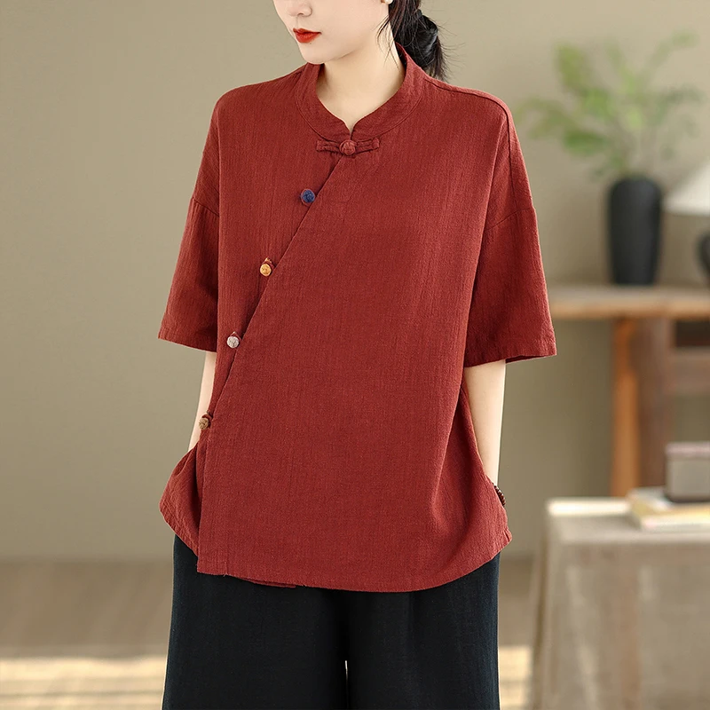 

Slimming Large Size Women's Cotton Linen Shirt Spring Summer New Style Button up Thin Outerwear Traditional Chinese Style