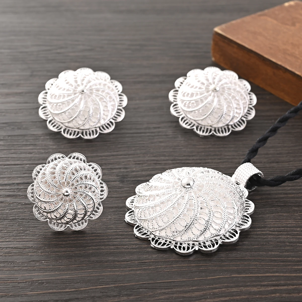 Ethiopian Silver Color Spiral Hollow Design Jewelry Set Women Pendant Necklace Earrings Ring Wedding Party Gift