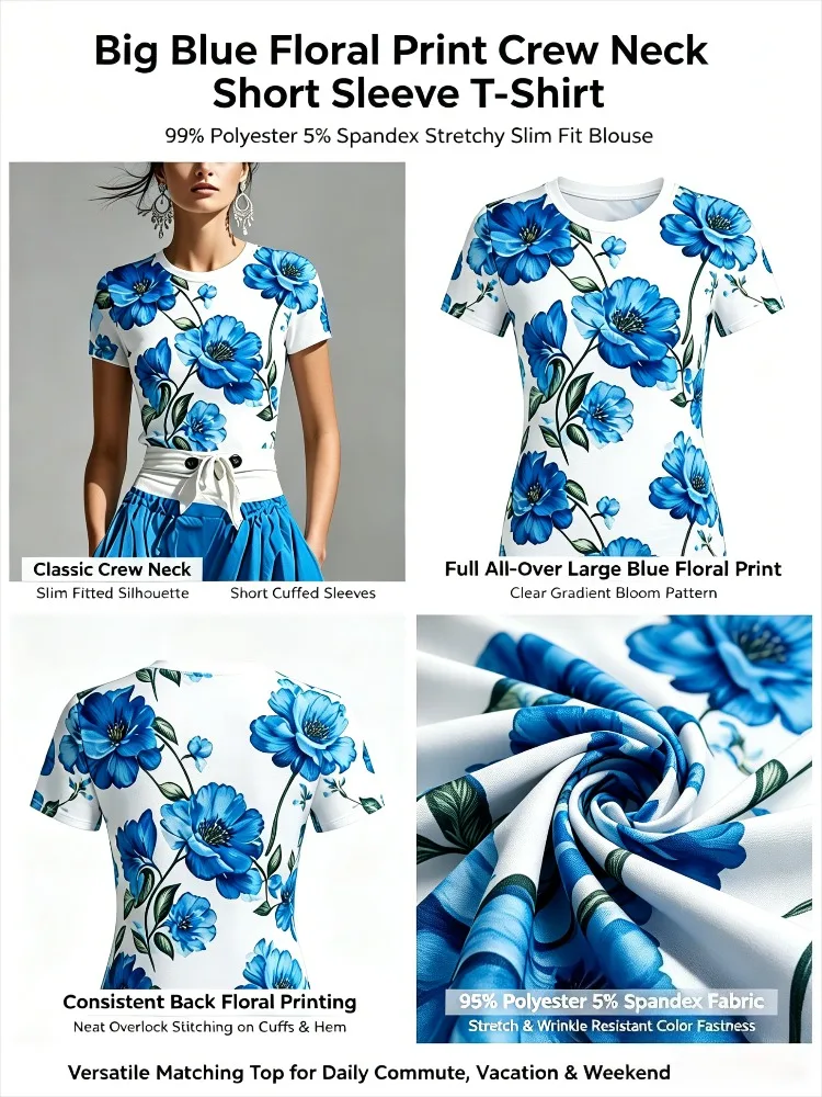 Yeezzi Damen Elegante Blaue Blumenmuster-Oberteile 2026 Neu Kurzarm Rundhals Slim Fit Lässige Sommer-T-Shirts – Detail 3