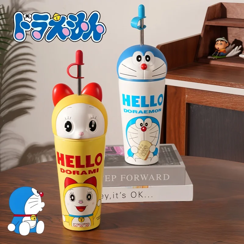 

Милая анимированная мультяшная термокружка 600 мл с соломинкой для лета, портативная, с изображением Дораэмон, подарок
