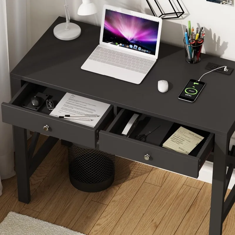 Computer desk with USB charging port and power outlet, 39-inch black desk with drawers