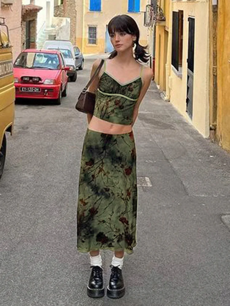 Y2K Vintage Midi-Röcke mit Blumenmuster für Damen, Harajuku Fairycore, grüner gerader Maxirock, ästhetische süße Mädchenkleidung – Detail 5