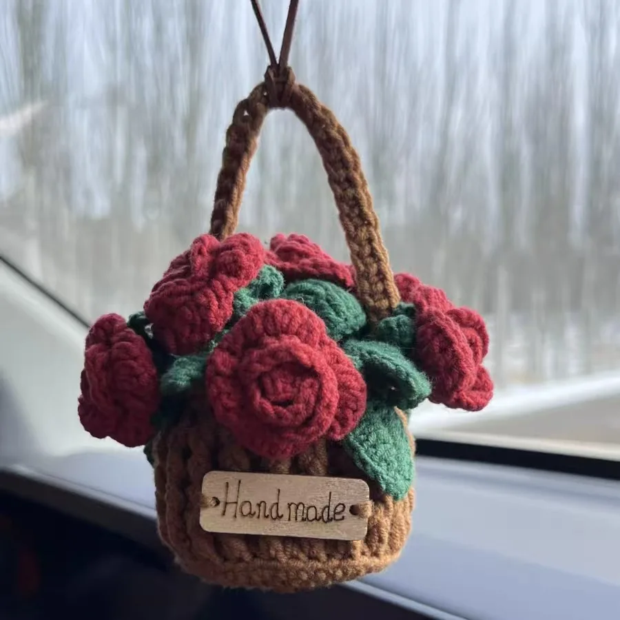 

Handmade Car Flowers Artificial Plant Crochet Decor Mirror Hanging Auto Woolen Hanging Ornament Gift for Car Rear View Mirror