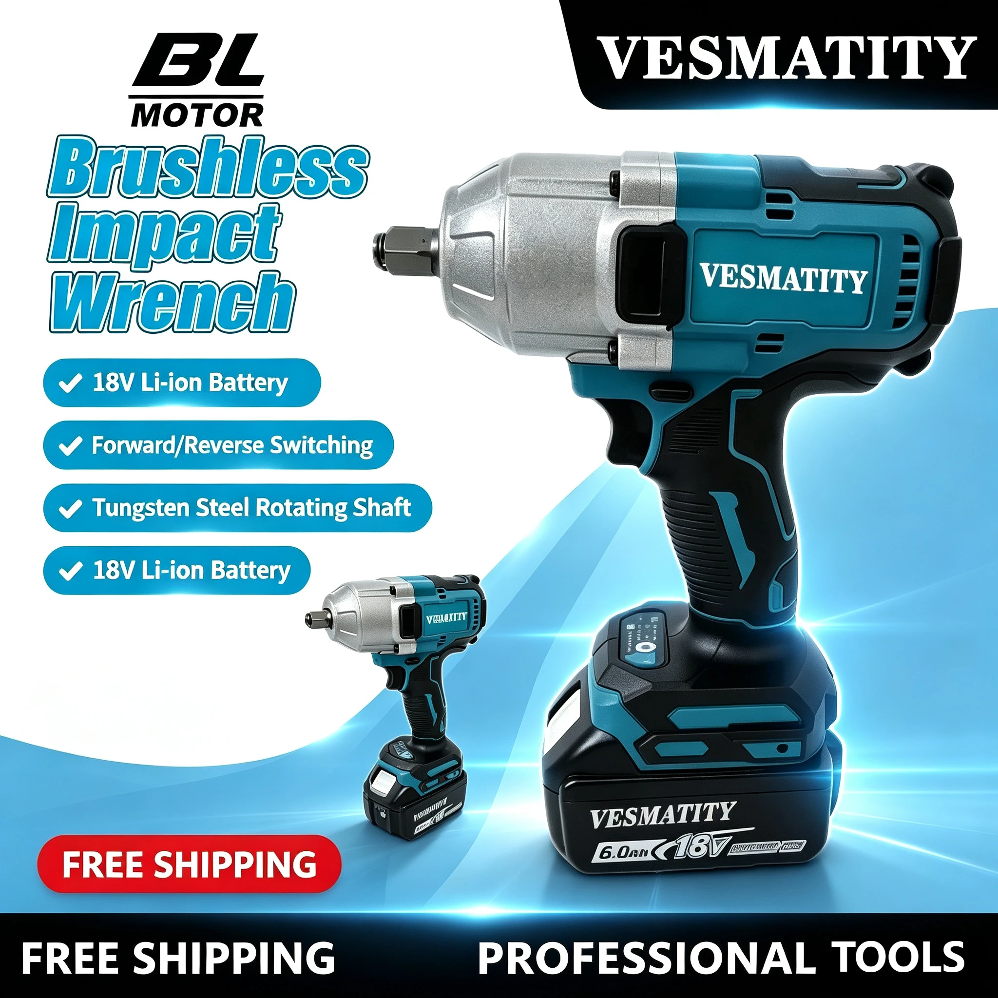 Cordless Impact Electric Wrench, Cordless High Power Shock Absorber for Car Repair for 18V-20V battery.