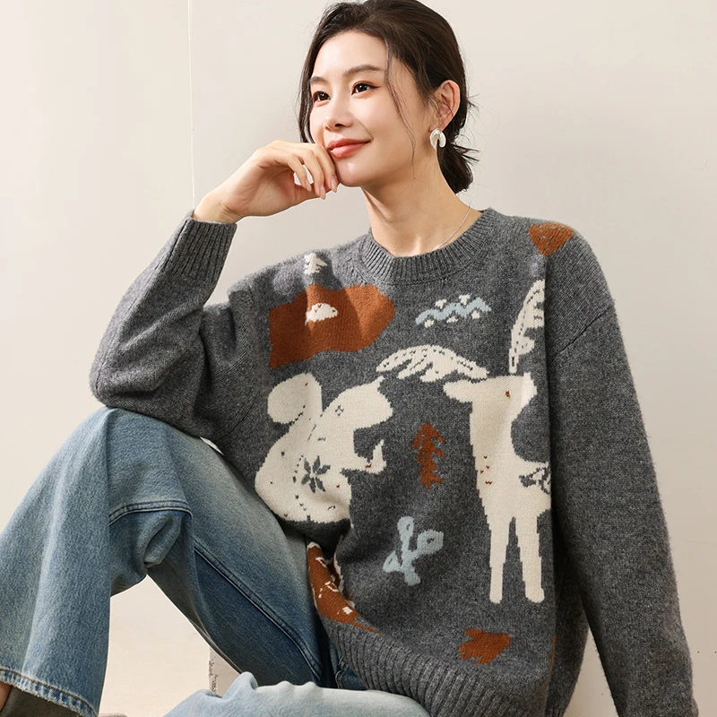 

New Year's Christmas Clothes Women Sweater Autumn Winter 100% Merino Wool Sweater Pullover Festival Casual Warm Knitted Jacquard