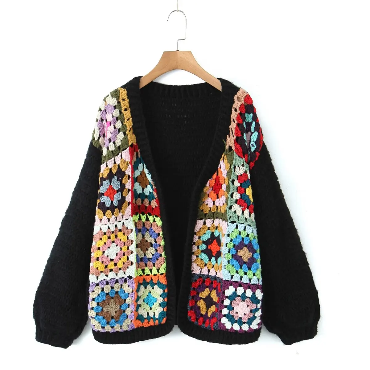 BOHO Colored Plaid Flower Hand Crochet Cardigan Vintage Woman V neck Long sleeve Open Stitching Sweater Loose Knitwear Jumper