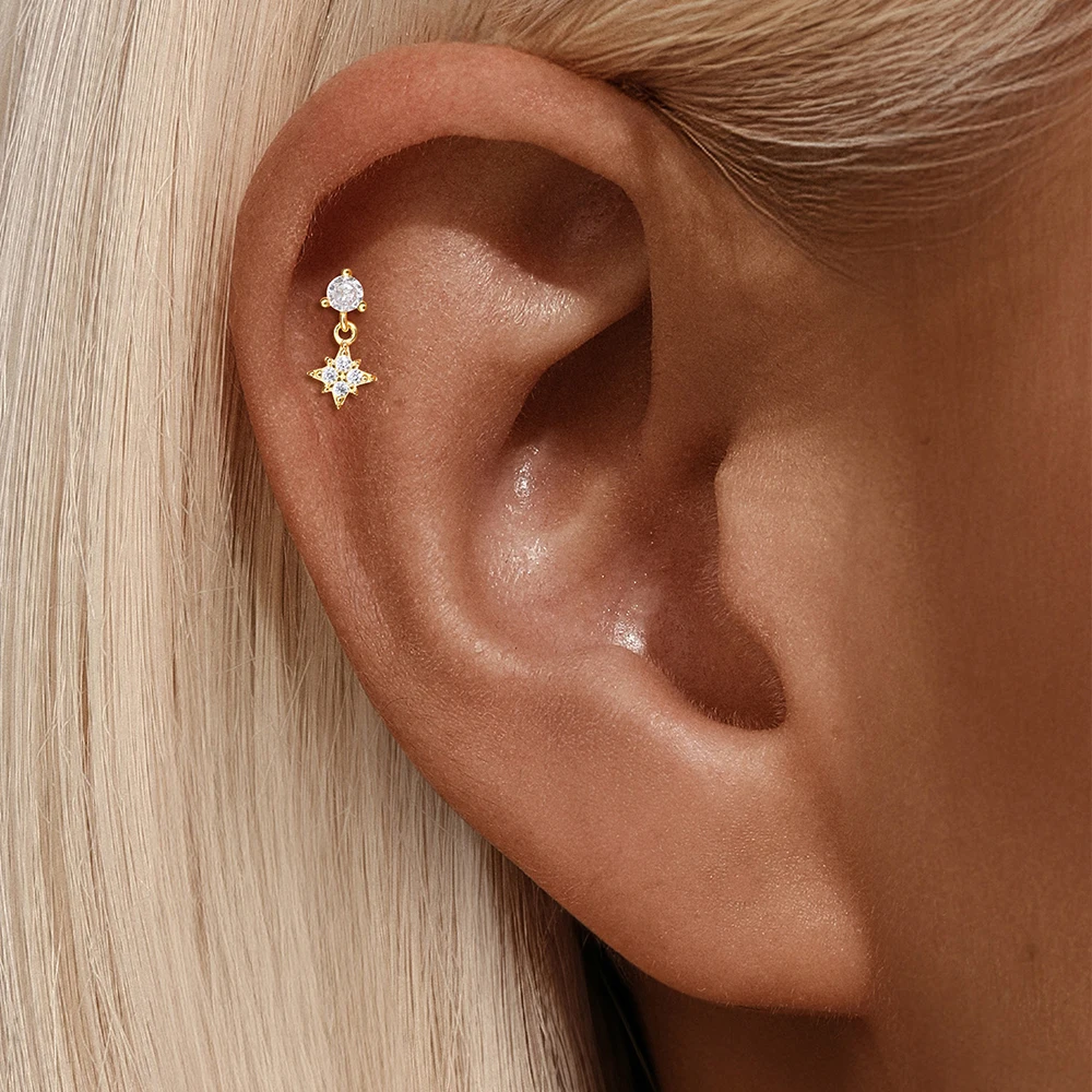 CANNER 1PC S925 Silver Classic Eight-pointed Star Diamond-encrusted Small Pendant with a Flat Head and Piercing Bone Nails
