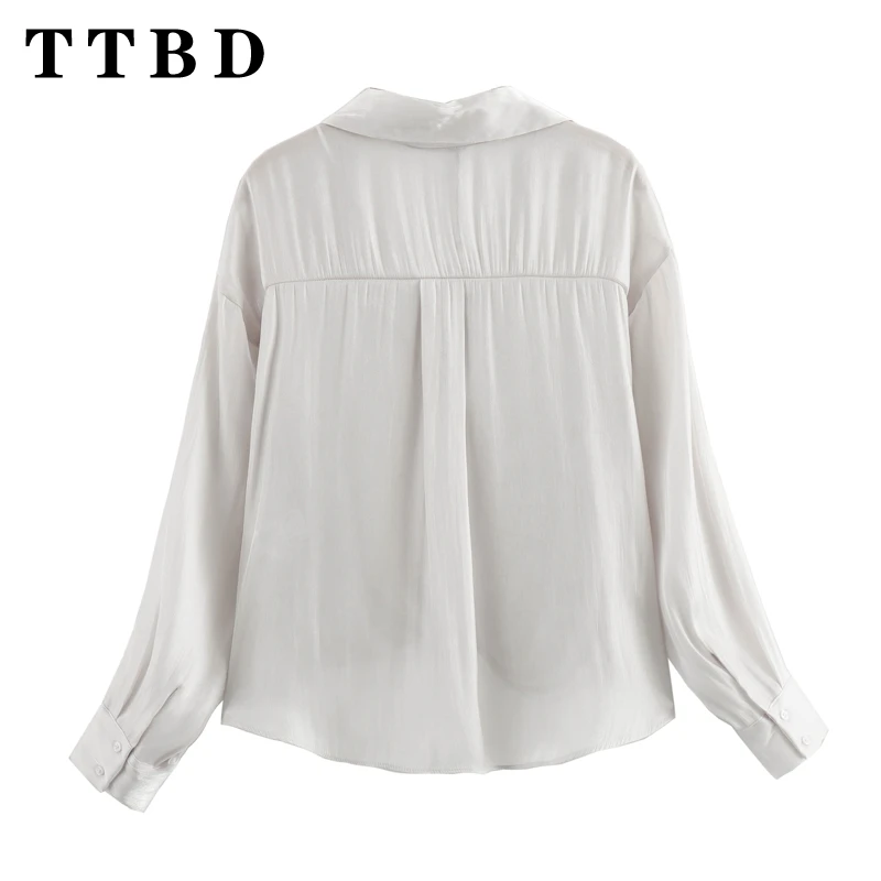 TTBD 2024 New Summer Women\'s Chic Oversized Satin Shirt Ladies Button Up Blouse Loose Light Grey Fashion Top