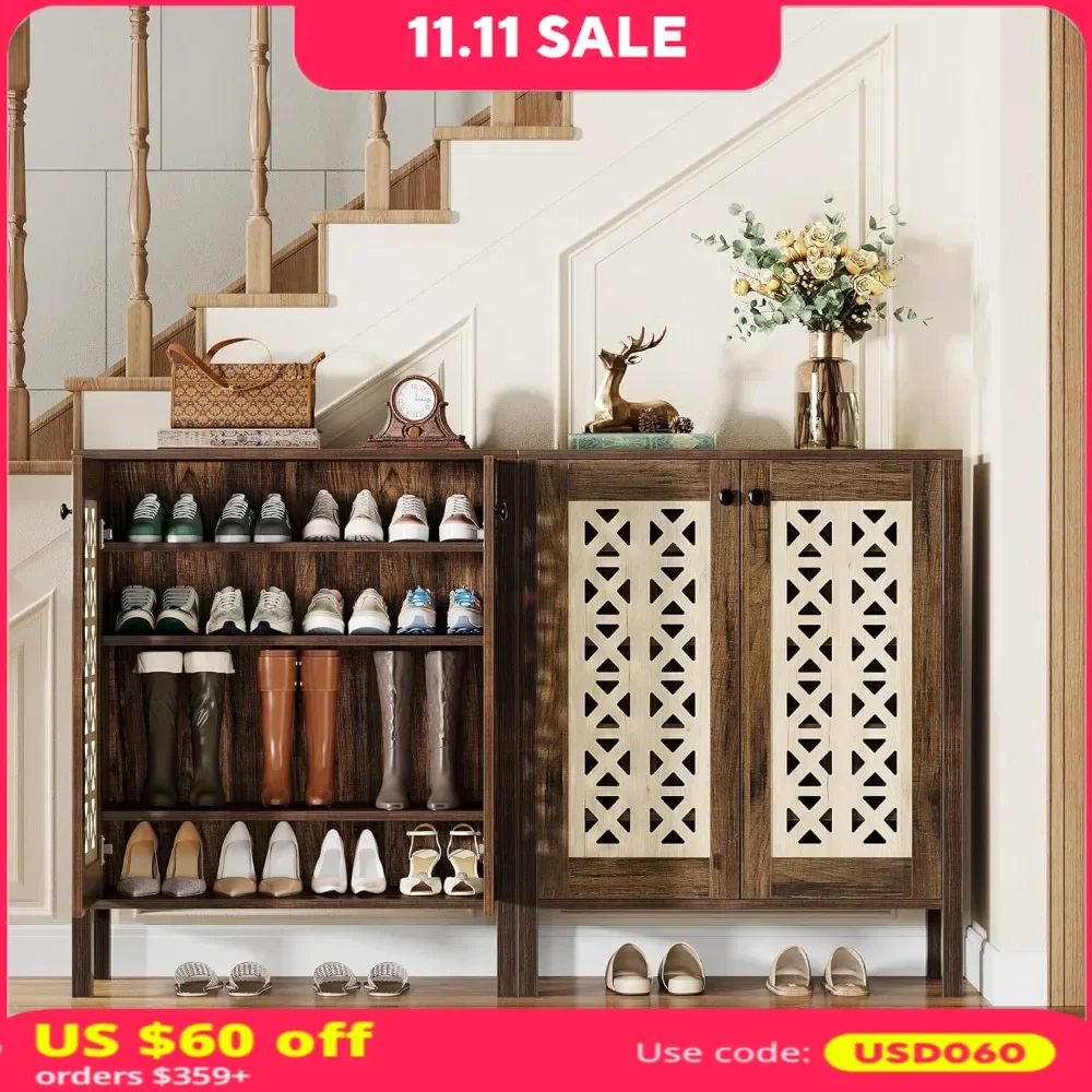 

2 Pack 5-Tier Shoe Cabinet，25 Pairs Farmhouse Shoe Organizer with Adjustable Shelves，All-Wood Freestanding Shoe Storage Cabinet