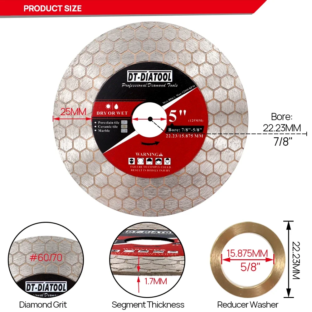 Dt-diatool-disco de molienda de corte de diamante, 105mm, 115mm, 125mm, para azulejos de cerámica, porcelana, mármol, seco, 60, 70 hojas de sierra