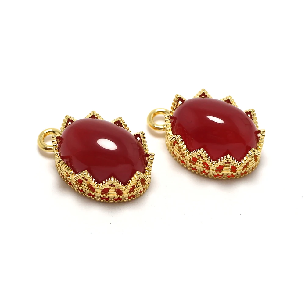 2pcs Crown Pendant,24K Gold Color Plated Brass,Oval Red Agate Stone Earrings Charms,Jewelry Necklace Bracelet Making Accessories