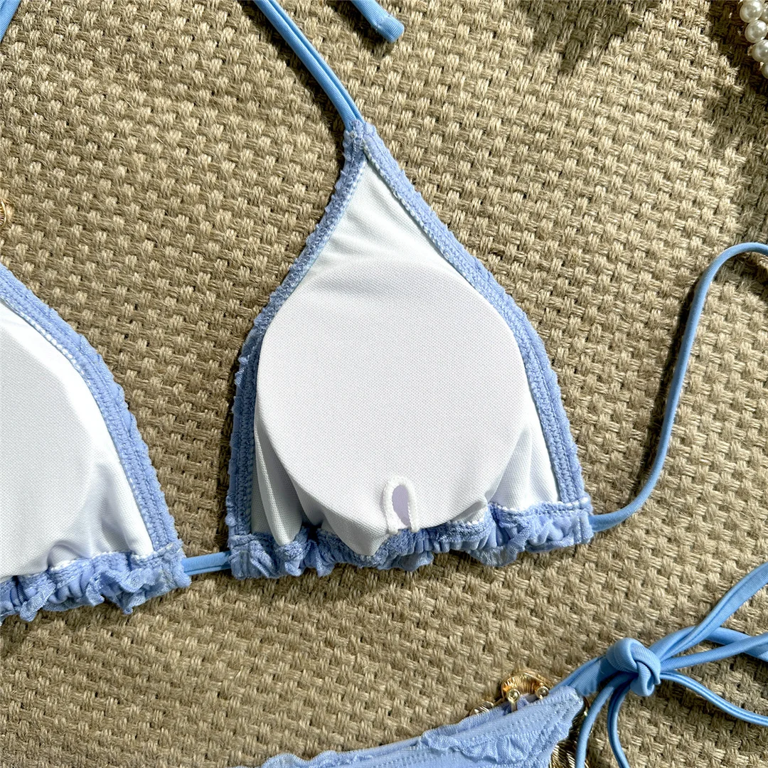 Zweiteiliges Bikini-Set mit Metallblumen-Design, Neckholder-Bikini, Damen-Badeanzug, Damen-Bademode, geraffter, gepolsterter Badeanzug, Badebekleidung, Modell V7478. – Detail 29