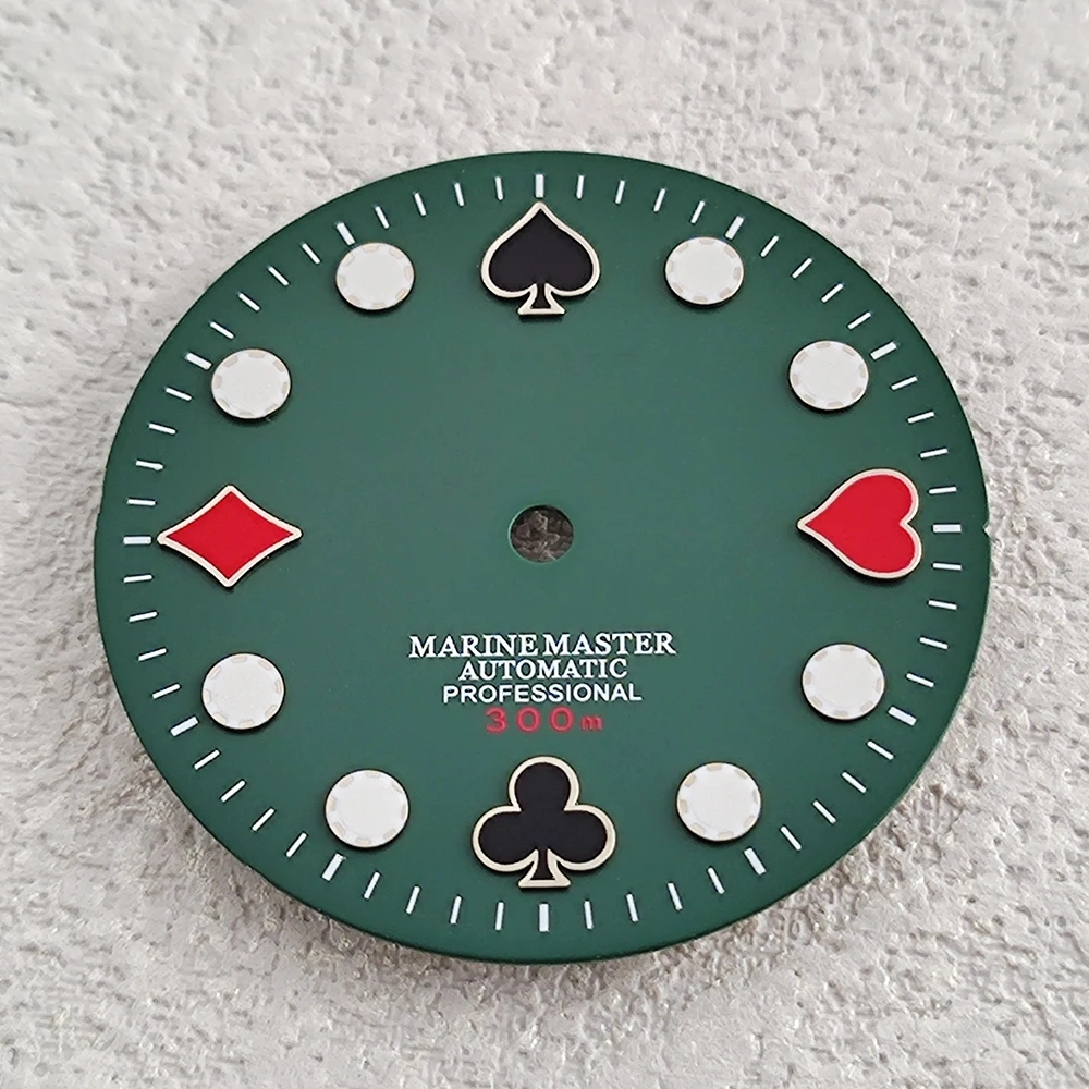 Quadrante per orologio NH35 da 28,5 mm quadrante per chiodo da poker quadrante luminoso verde adatto per accessori per orologi con movimento NH35 NH36