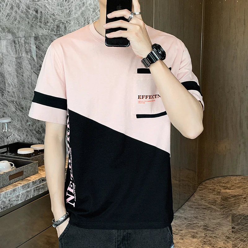 Youthful Vitality Korean Round Neck T-shirts Fashion Spliced Summer Letter Men\'s Clothing Contrasting Colors All-match Pullovers