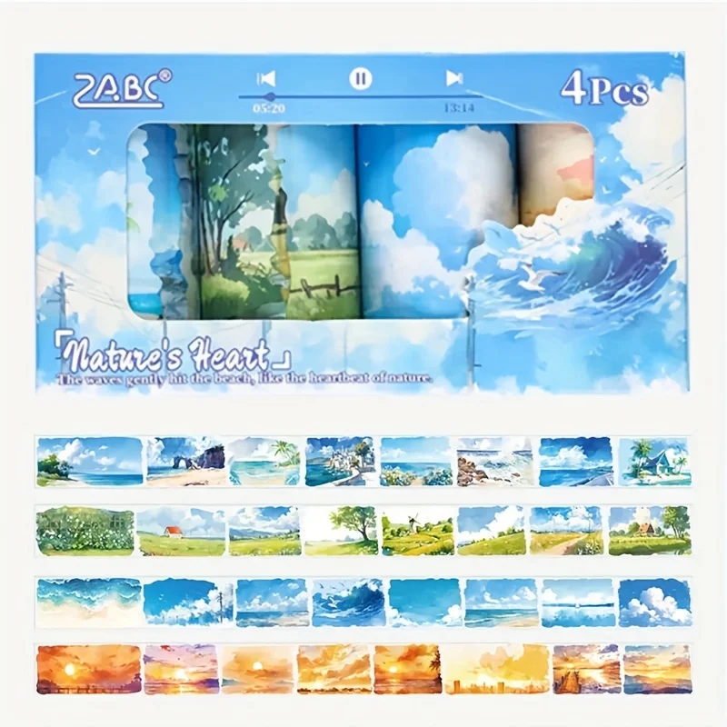 4Roll Landscape Pattern Decorative Tape，forDIYHandicrafts、Scrapbook and Diary - 3.15Inches Widex78.74Inches Long，Vivid Nature-In