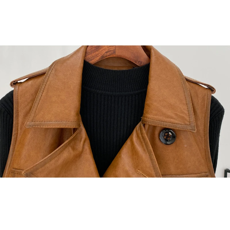 Ceinture à lacets en cuir véritable pour femme, gilet de moto et de motard, vernis vintage, marron, fibre, peau de mouton, femme, printemps, 2025