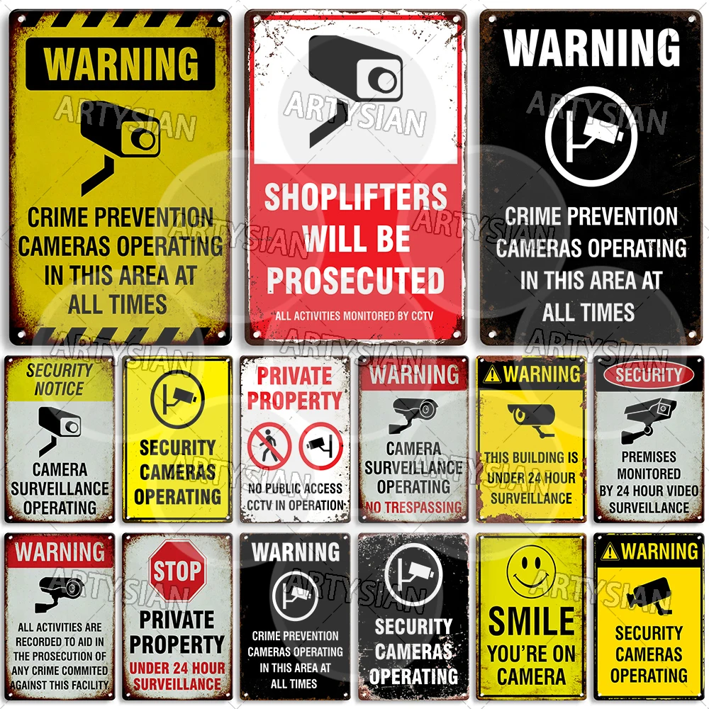 Surveillance Warning CCTV Camera Metal Sign Video Monitoring Alert Plaque Crime Prevention Facility Shop Security Poster