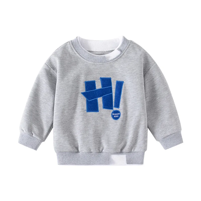 

Spring Autumn Letter Patchwork Mock Two-piece Kids Round Neck Sweatshirt, Trendy Boys' Long Sleeve Pullover, Ages 3-8 , Gray