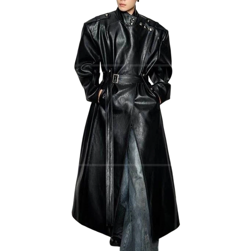 Long Waistband Coat Men for retro Overcoat Extended Long Length Solid Color Pattern Long Sleeve Design Faux Leather Material