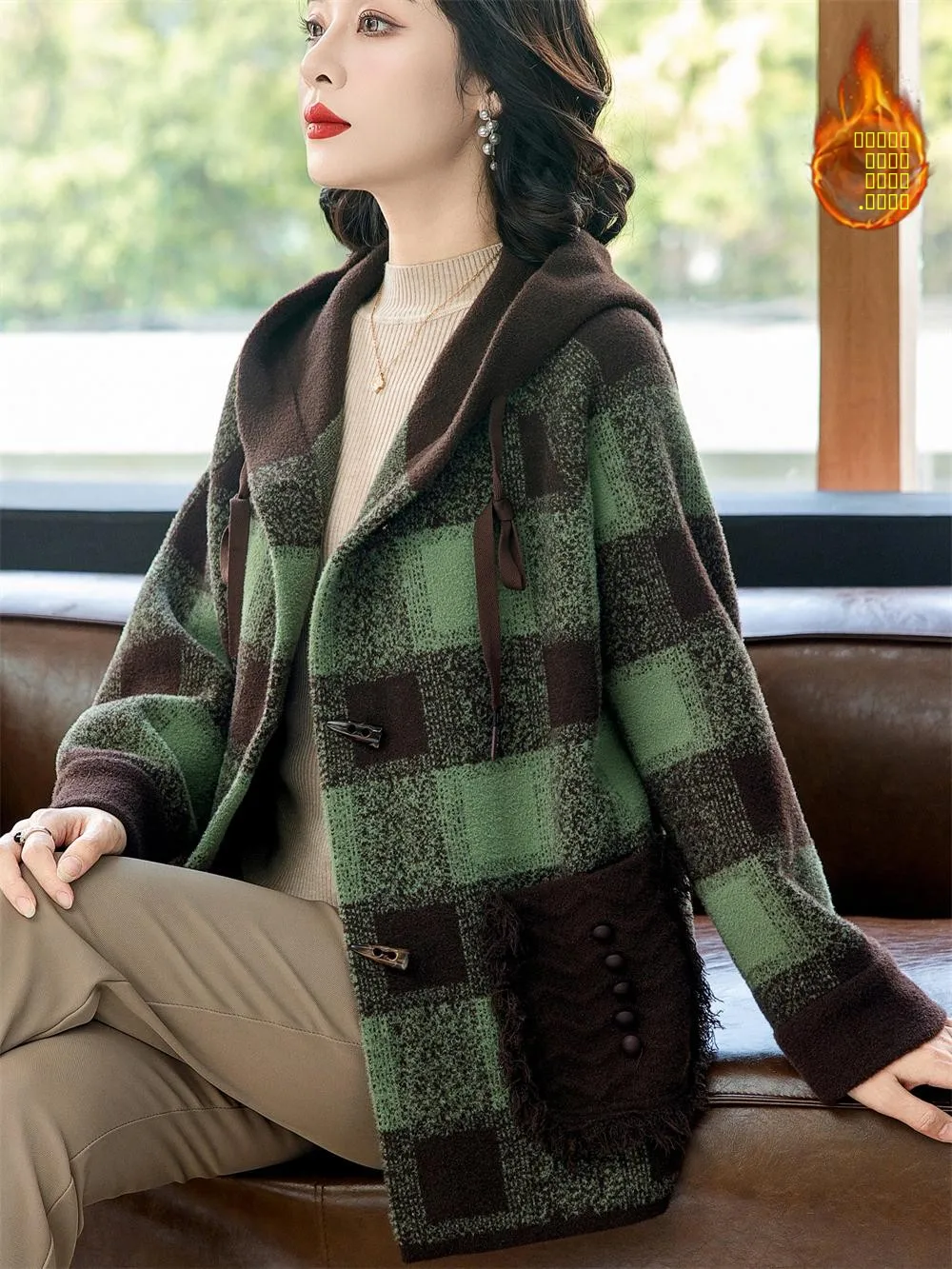 

Faionable Thien Knitted Coat with Hat And Large kets for Middle-Aged And ly Women Autumn Winter Warm Outerwear