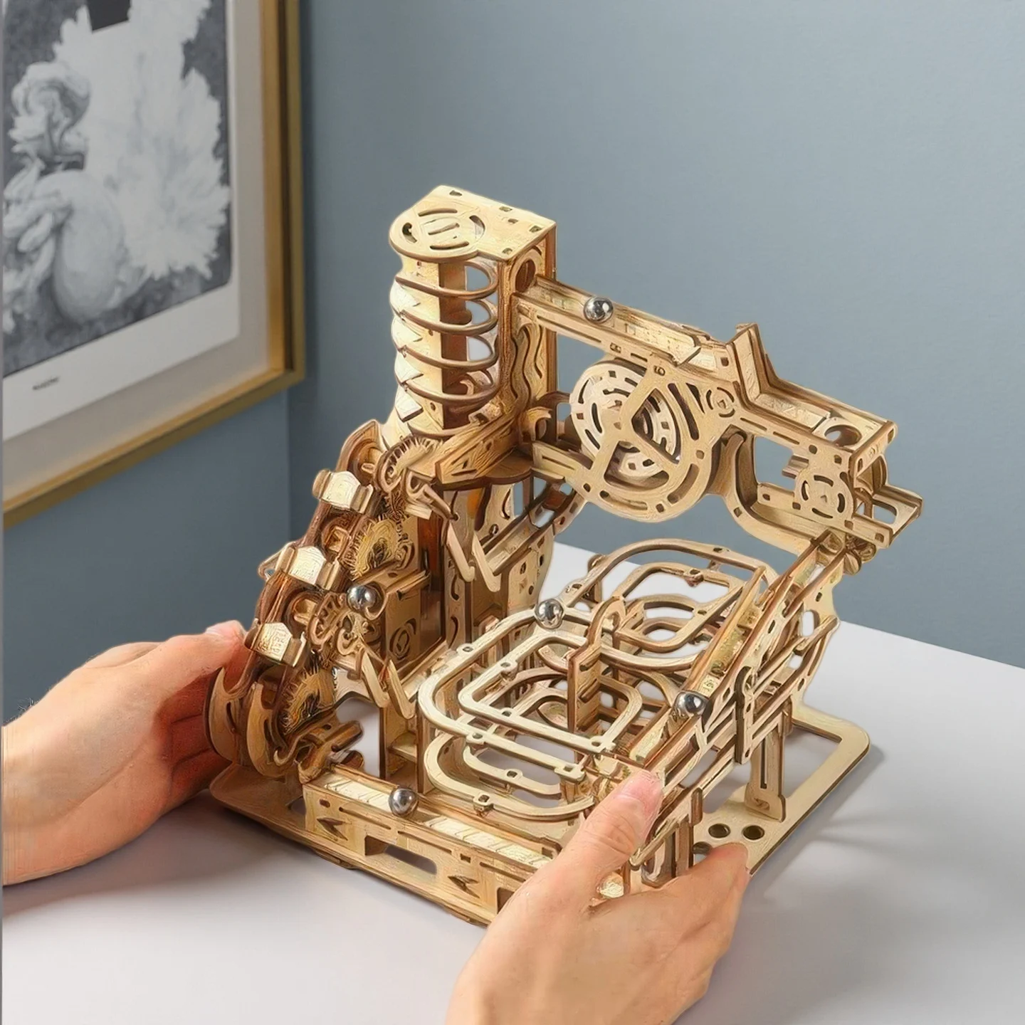 OUZEY 3D Wooden Marble Run - Electromagnetic Launcher Mechanical Model, STEM Educational Toy for Adults & Teens Age 14+