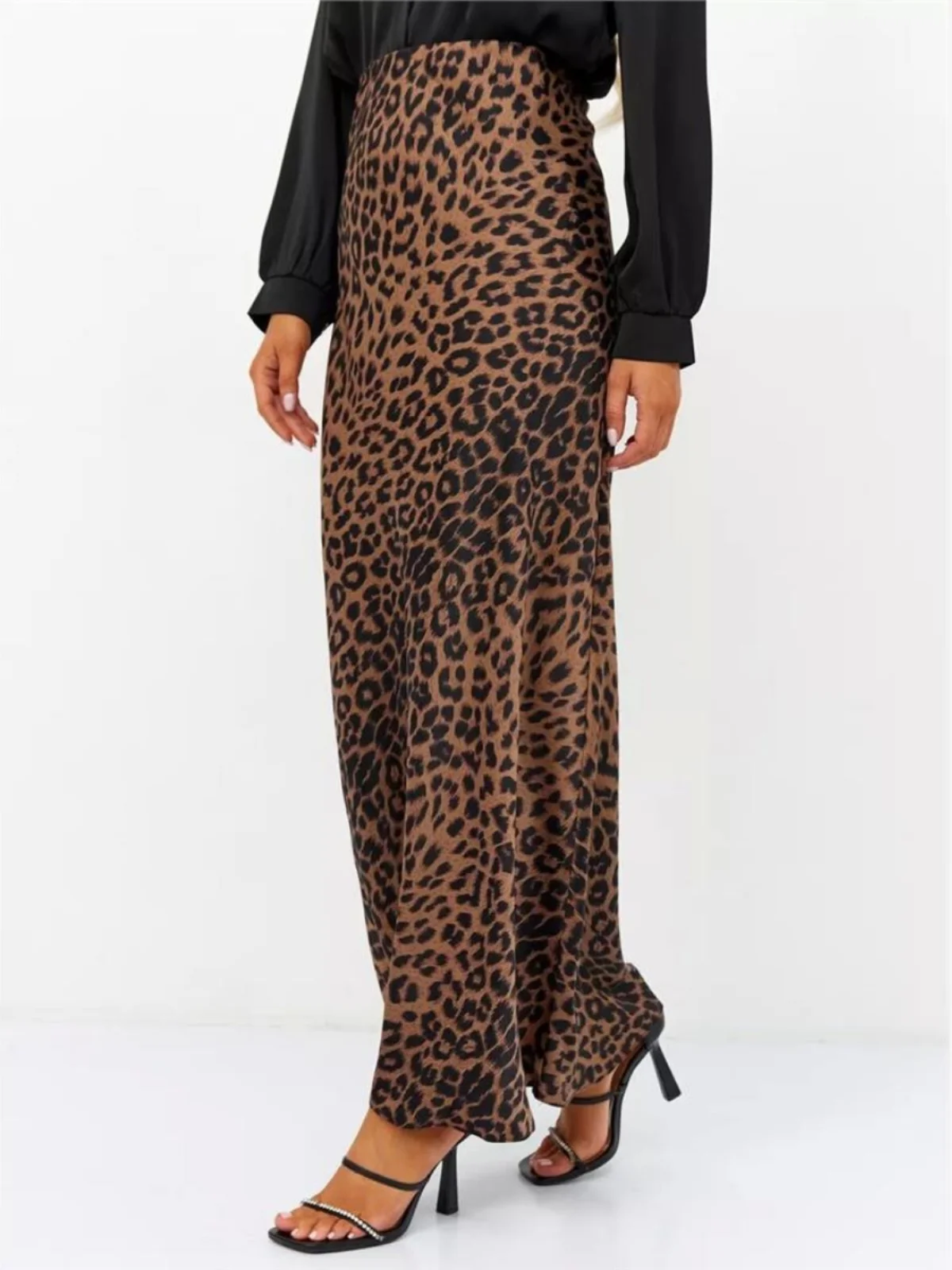 

Sexy Leopard Print Satin Skirt High Waist Elastic f-length A-line Skirt Long Skirt mid Waist Design Other Material 00%