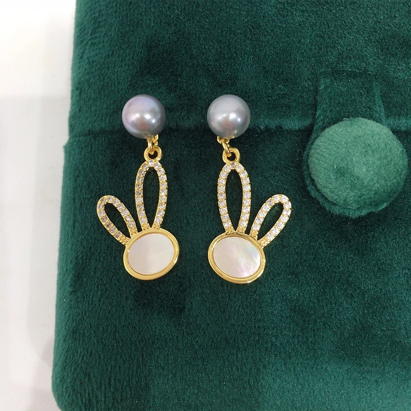 ZHBORUINI 2024 Natural Freshwater Pearl Earrings 14K Gold-Plated High-End Sea Shell Rabbit Earrings S925 Silver Ear Needles