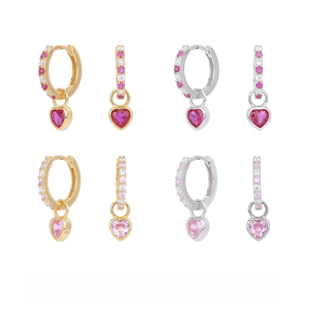 

CCFJOYAS 9 мм стерлингового серебра 925 пробы серьги-кольца в форме сердца женские легкие роскошные нишевые розовые/розово-красные/зеленые серьги с цирконом подарок