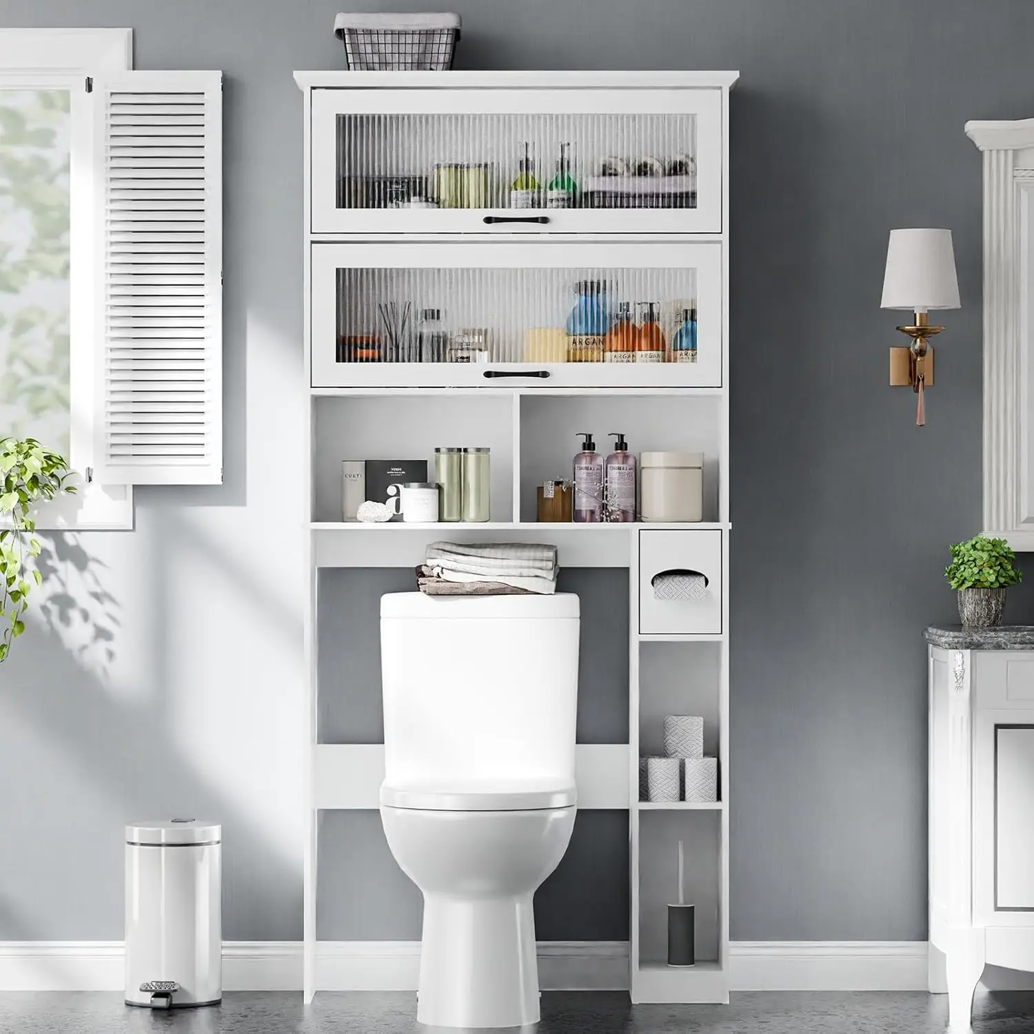 

Over The Toilet Storage Cabinet with Transparent Door, Toilet Paper Storage Cabinet with lti Layer Shelves Suitable fo