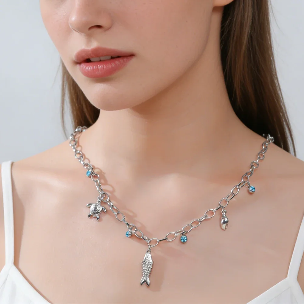 Skyrim Ocean Style Necklace Women Stainless Steel Gold Color Sun Starfish Conch Shell Fish Coral Beach Jewelry Gift Wholesale