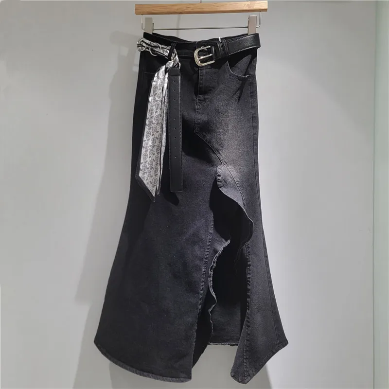 Irregular Slit Design Denim Skirts for Women Summer New High Waist A-Line Ruffles Mermaid Skirt Retro Fashion Mid-Length Skirts