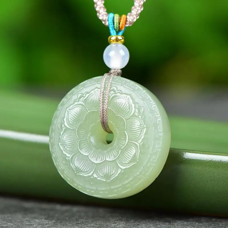 29mm Genuine China Nephrite Stone Green Jade Lotus Flower Donut Pendant Necklace Women Certified Hetian Jade Lucky Charms Amulet