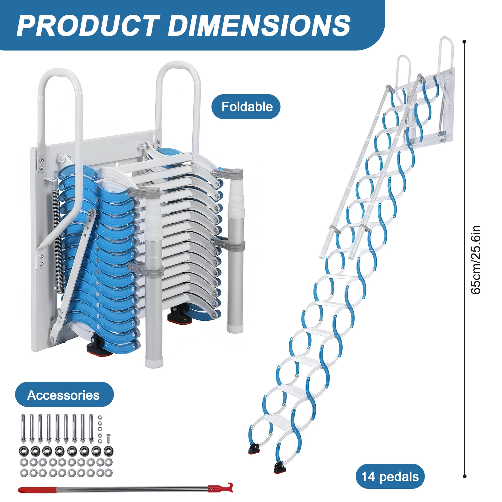 

Ceiling Mount Attic Ladder Pull Down Access Ladder Adjustable Tilt Angle (60°/65°/70°) Anti-Slip Feet for Home Indoor Outdoor