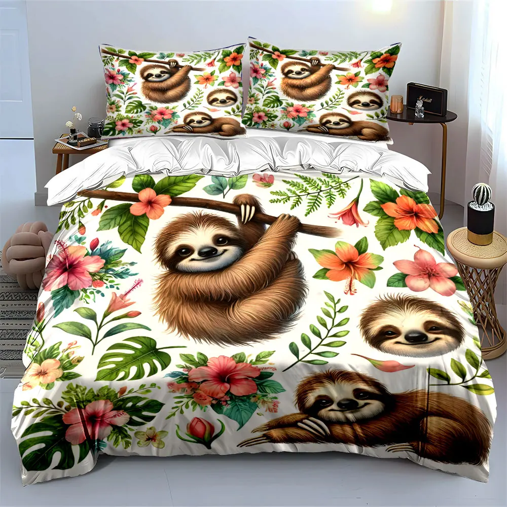 Sloths and Floral Nature Art Print Bedding Set 1 Duvet Cover 2 Pillowcases for Adult and Children Luxury Gift Full Size