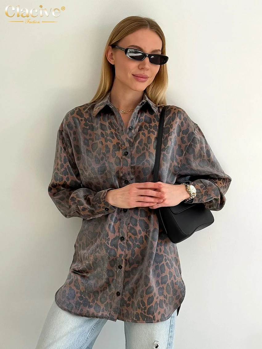 Clacive Fashion Loose Print Trousers Sets For Women 2 Pieces Elegant Long Sleeve Shirt With High Waist Wide Pants Set Streetwear