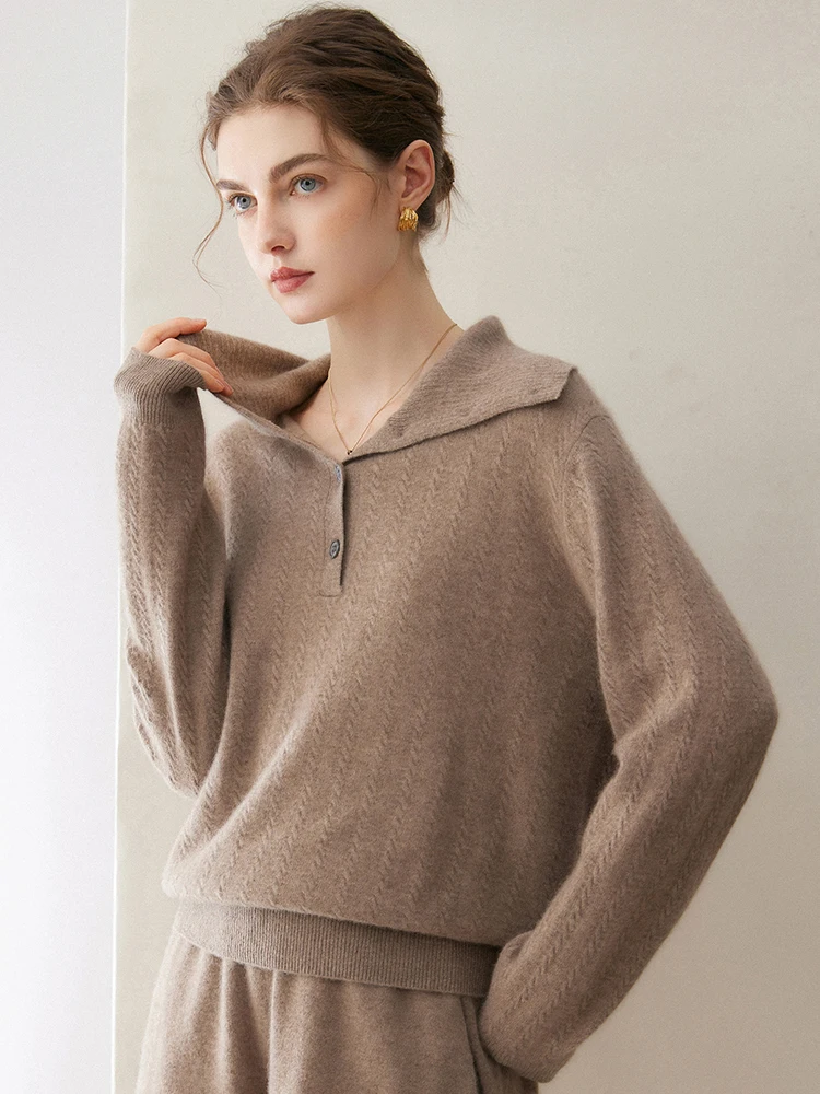 Autumn Winter Women's 100% Cashmere Turn-down Collar Pullover Sweater Seamless One-piece Cashmere Cable Knit Sweater Comfort
