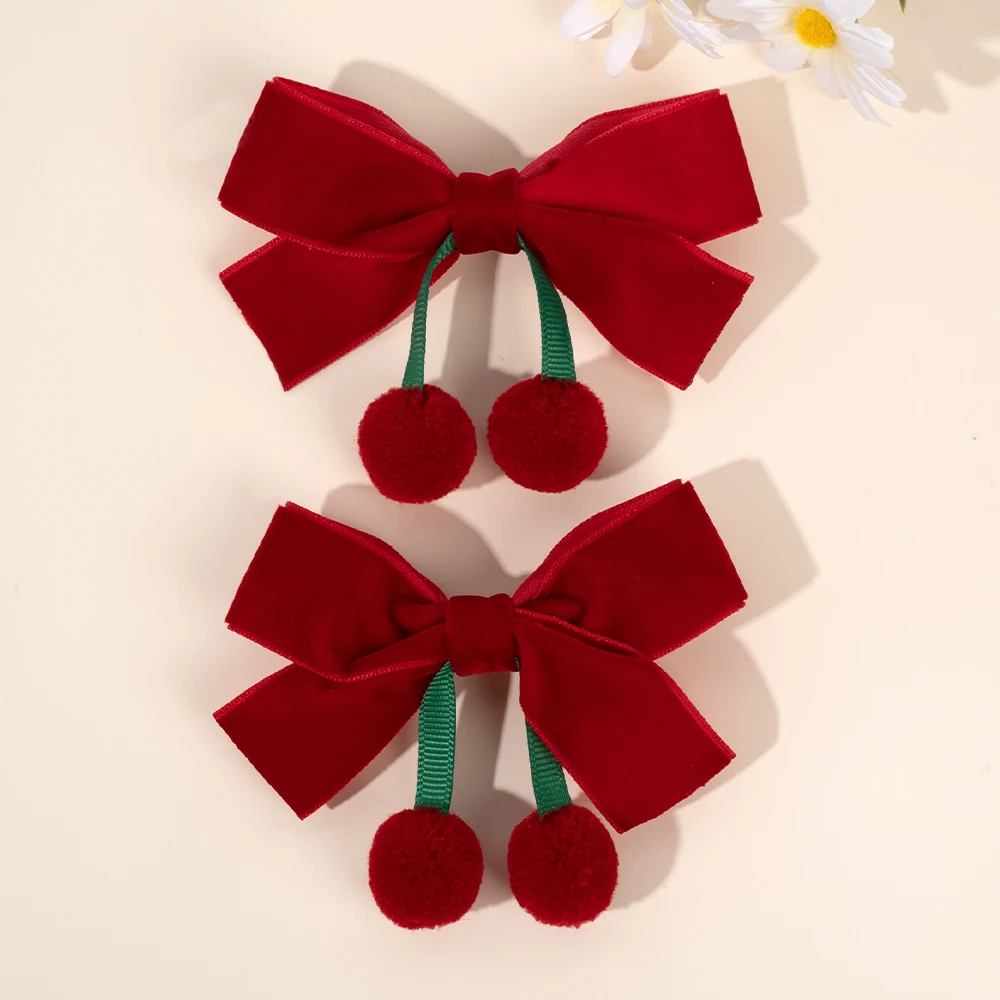 2Pcs Myrica Rubra Bow Hair Clips For Girls New  Velvet Hairpins Plush Ball Barrette Kid Sweet Autumn Winter Headwear Accessories