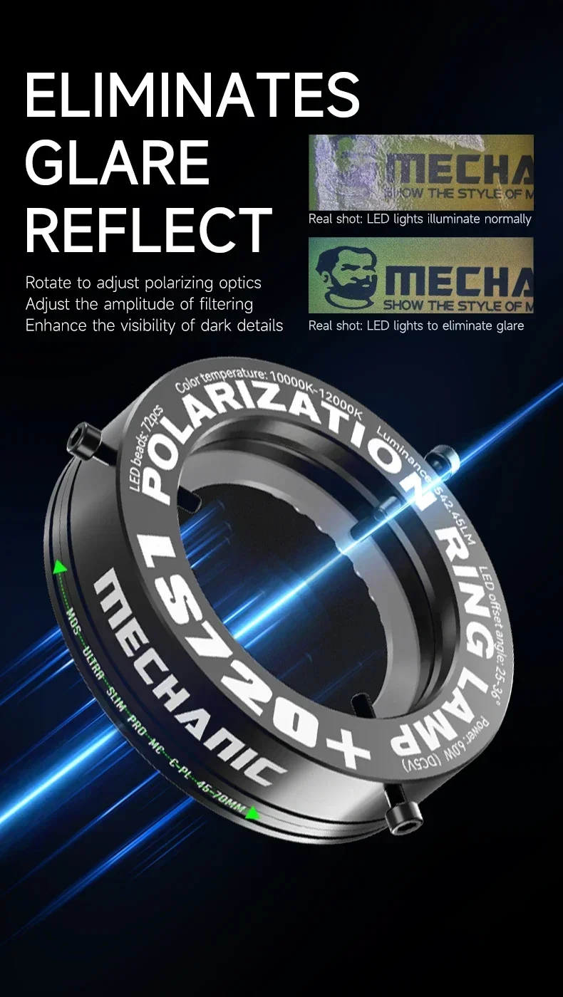 Novo mecânico ls720 microscópio anel de luz polarizada lâmpada elimina reflexão para reparo de solda microscópios estéreo