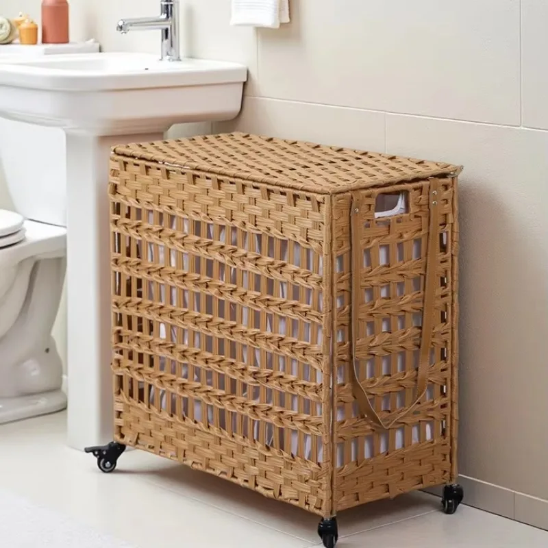 Woven laundry basket with lid, foldable, on wheels, handmade laundry bin