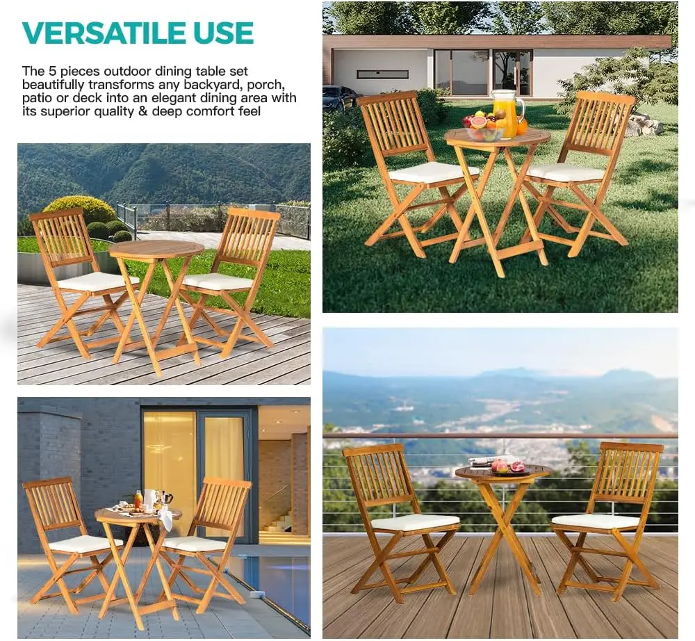 3PCS Patio Bistro Set Acacia Wood Folding Table Chairs with Cushions for Outdoor Garden Deck, Yard