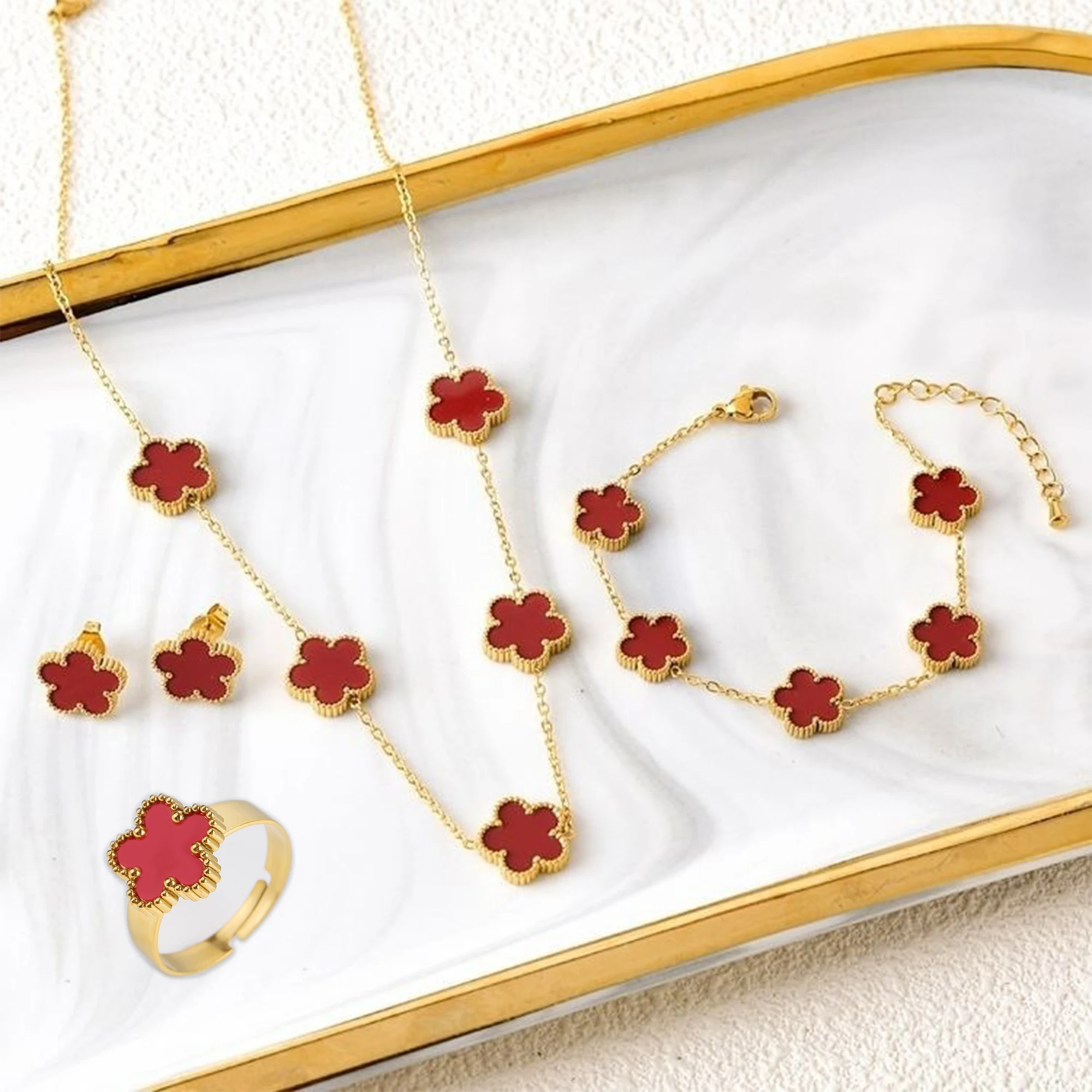 4Pcs 18k Gold-Plated Five-Leaf Flower Necklace Earrings Bracelet Rings Jewelry Set For Woman Party Jewelry Daily Wear Clover