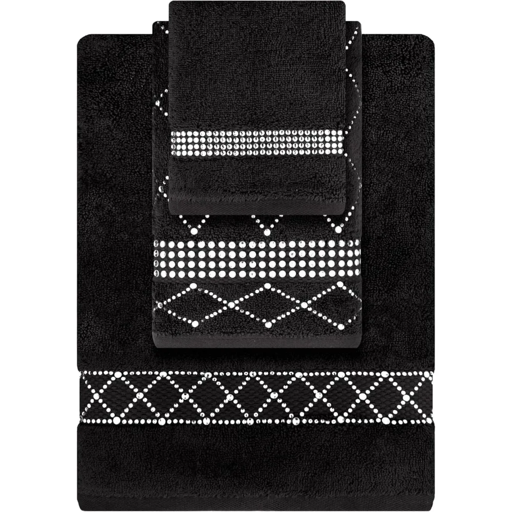 

Atlas 3-Piece Towel Set, 100% Turkish Cotton, Glass Rhinestones, Machine Washable, One Bath, One Hand, One Tip Tow